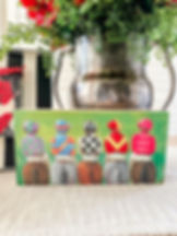 12" x 6" Round Top Collection box sign for the Kentucky Derby, back view 5 jockey's in colorful jersey's sitting on horses