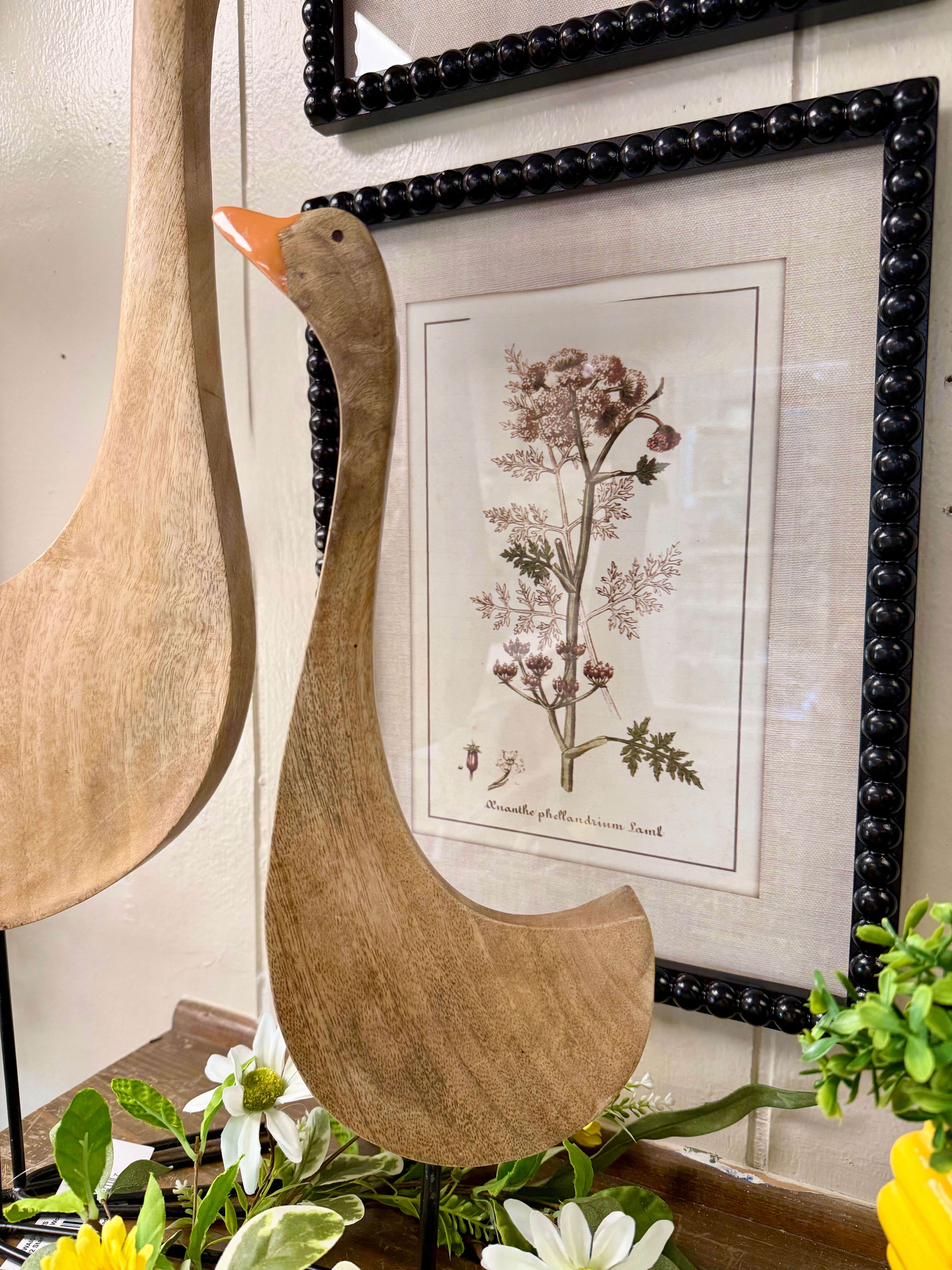 17" tall standing wood goose with metal legs, freestanding
