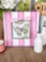 6" x 1" x 7" Round Top Collection print of a yellow & pink butterfly, corrugated metal frame, use alone or w/ Round Top base