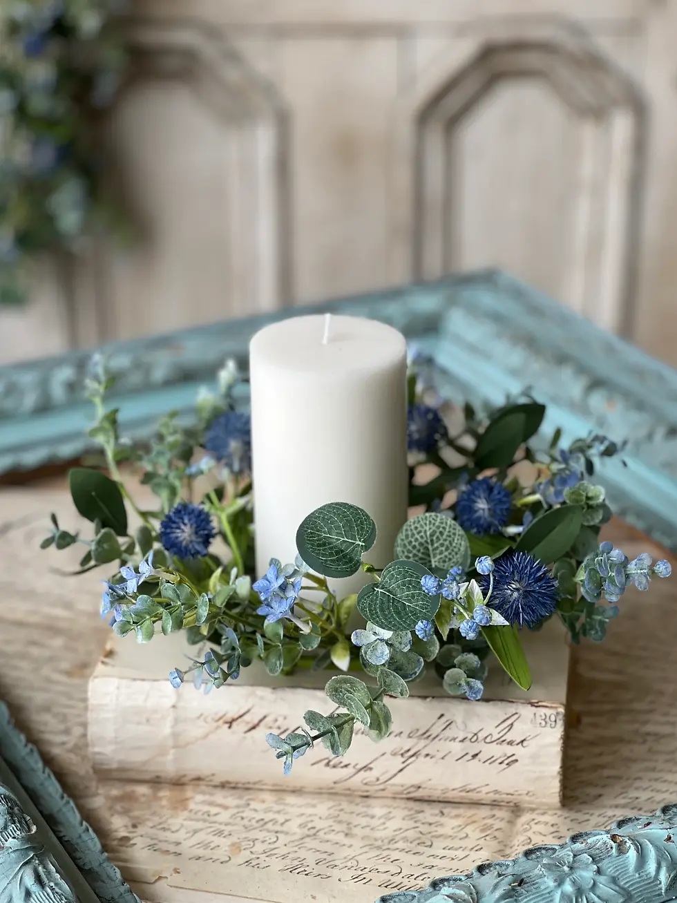 10" outer & 4.5" inner diameter candle ring, green tone foliage, blue thistle, small light blue flower clusters, plastic