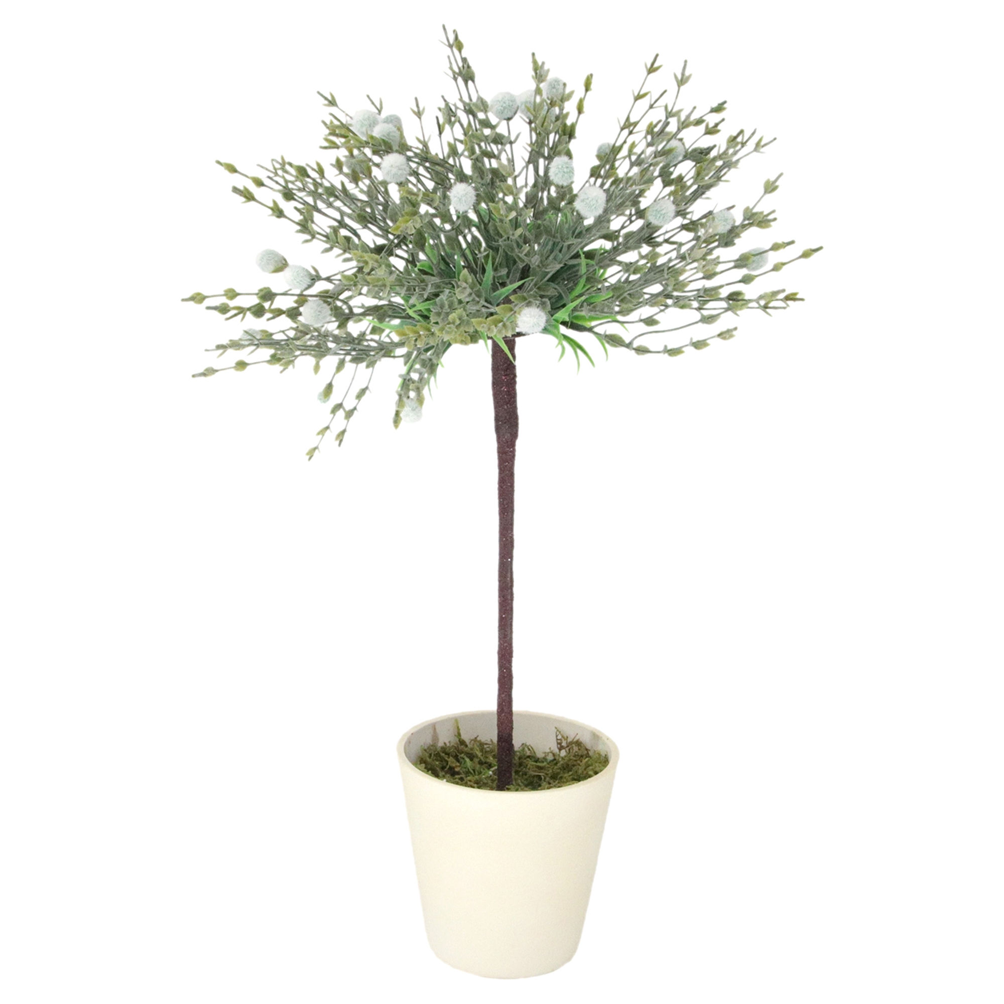 16" potted topiary, plastic gray green powder coated greenery, fuzzy white pods, plastic brown trunk, cream plastic pot