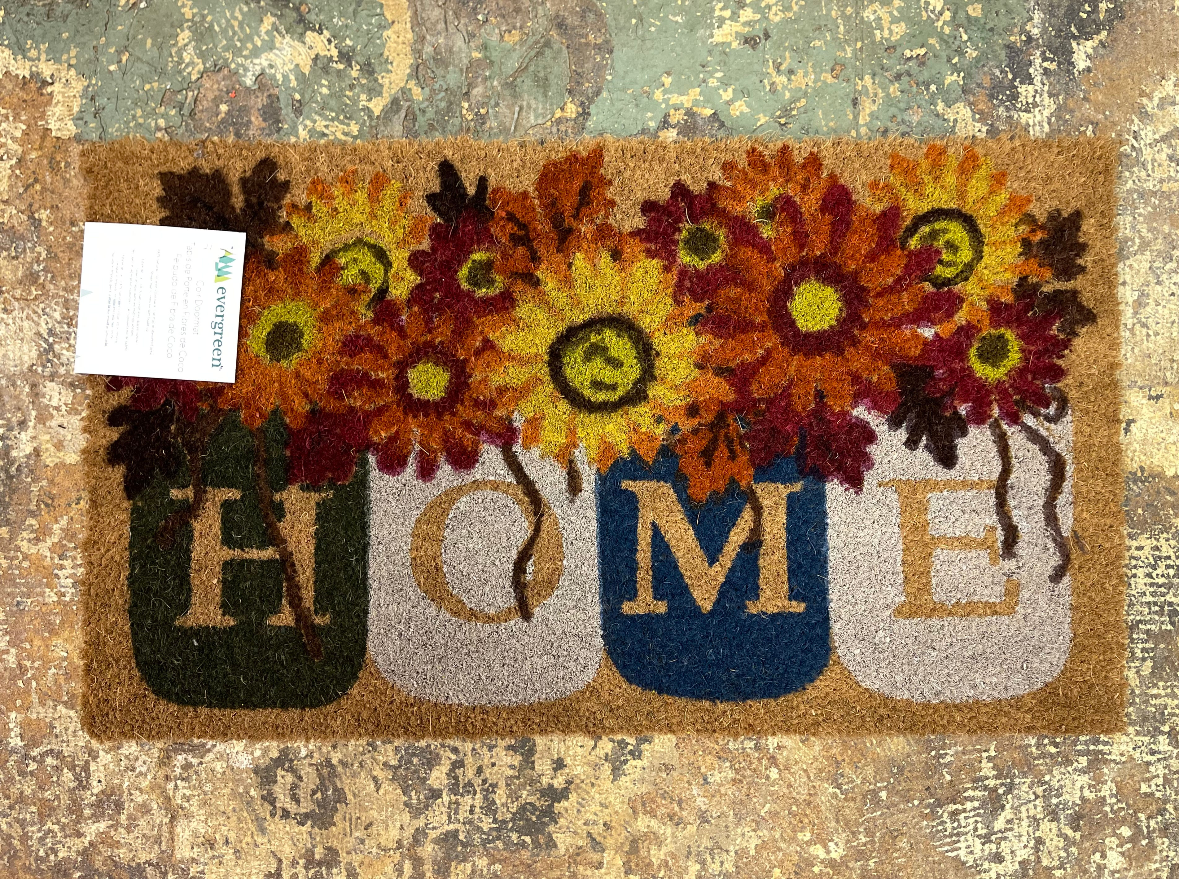 16"x28" Coir door mat printed with mason jars full of fall flowers