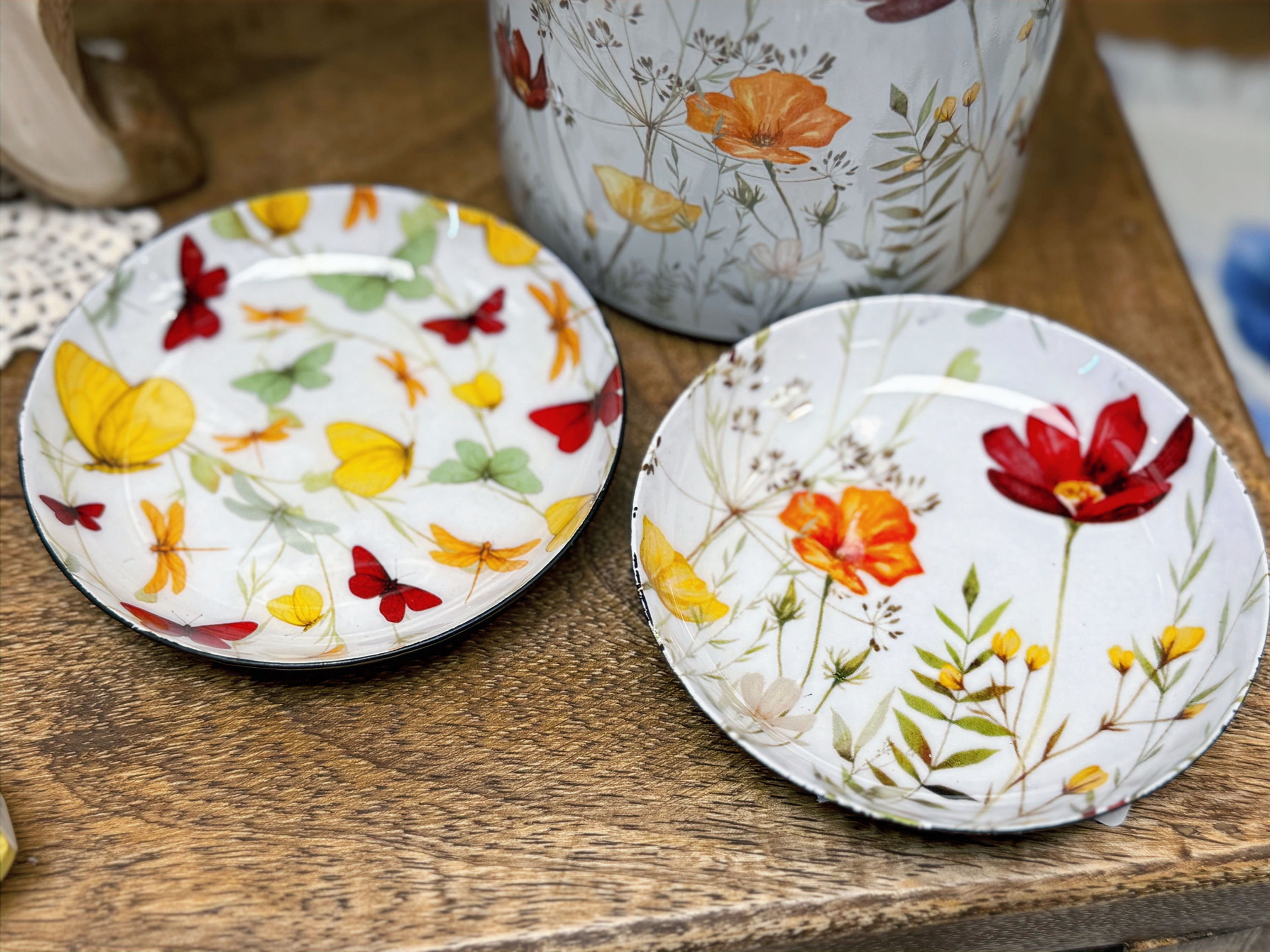 set of 2, 4" metal plates with floral & butterfly designs, use as trinket dish or votive candle holder