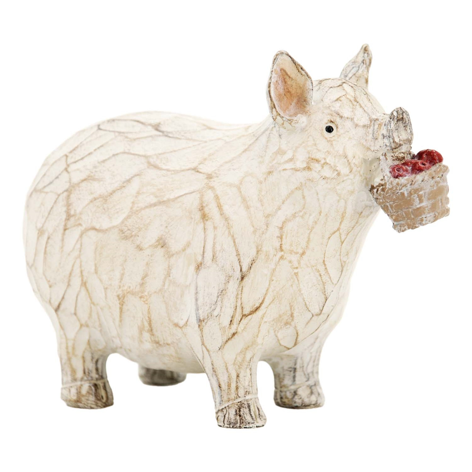 5.9" x 2.75" x 4.5" resin pig with a carved wood appearance, a small basket of apples in his mouth