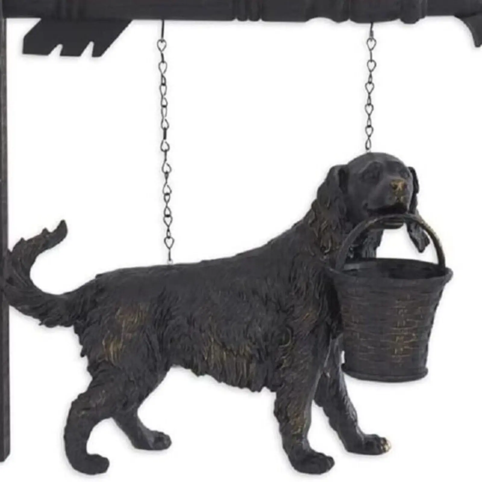 13" black resin dog holding a basket in its mouth, 2 chains on top for hanging from a K&K arrow hanger (sold separate)