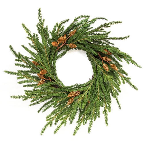 6" inner opening diameter candle ring with 16" outside diameter, Austrian soft touch pine with plastic pinecones