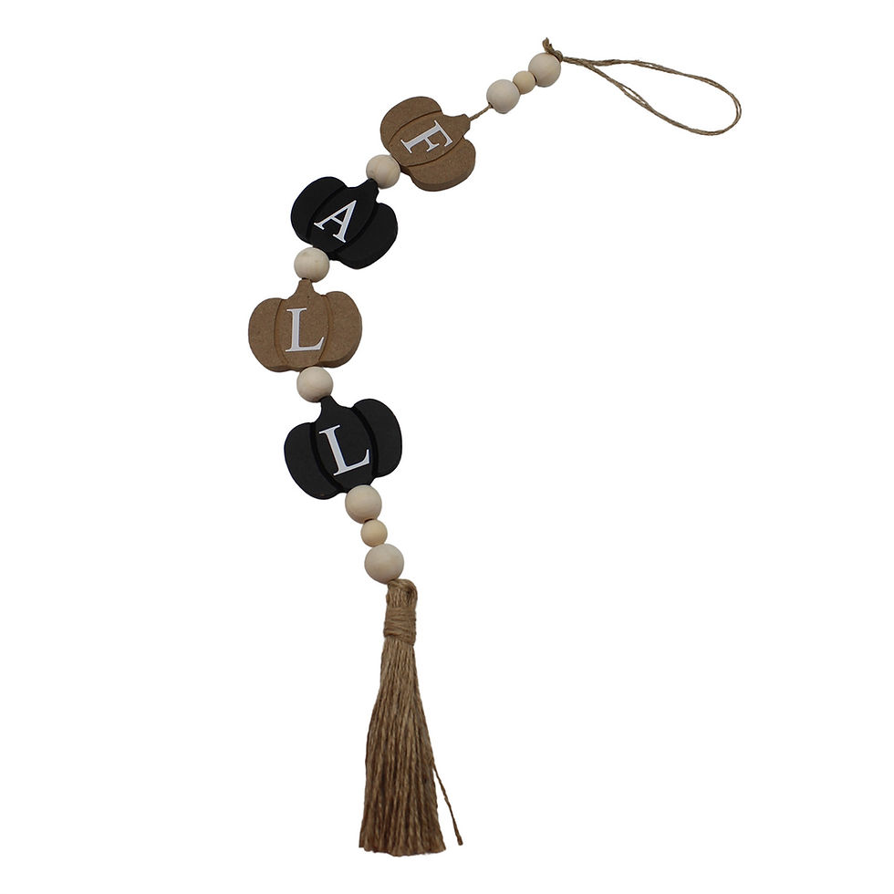 2.5” x 20” long, flat wood pumpkins & wood beads strung on jute rope with jute tassel, black & brown pumpkins spell out FALL