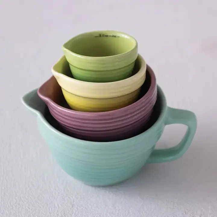 1-1/2, 1, 1/2 & 1/4 Cup Stoneware Batter Bowl Measuring Cups, Multi Color, Dishwasher Safe.