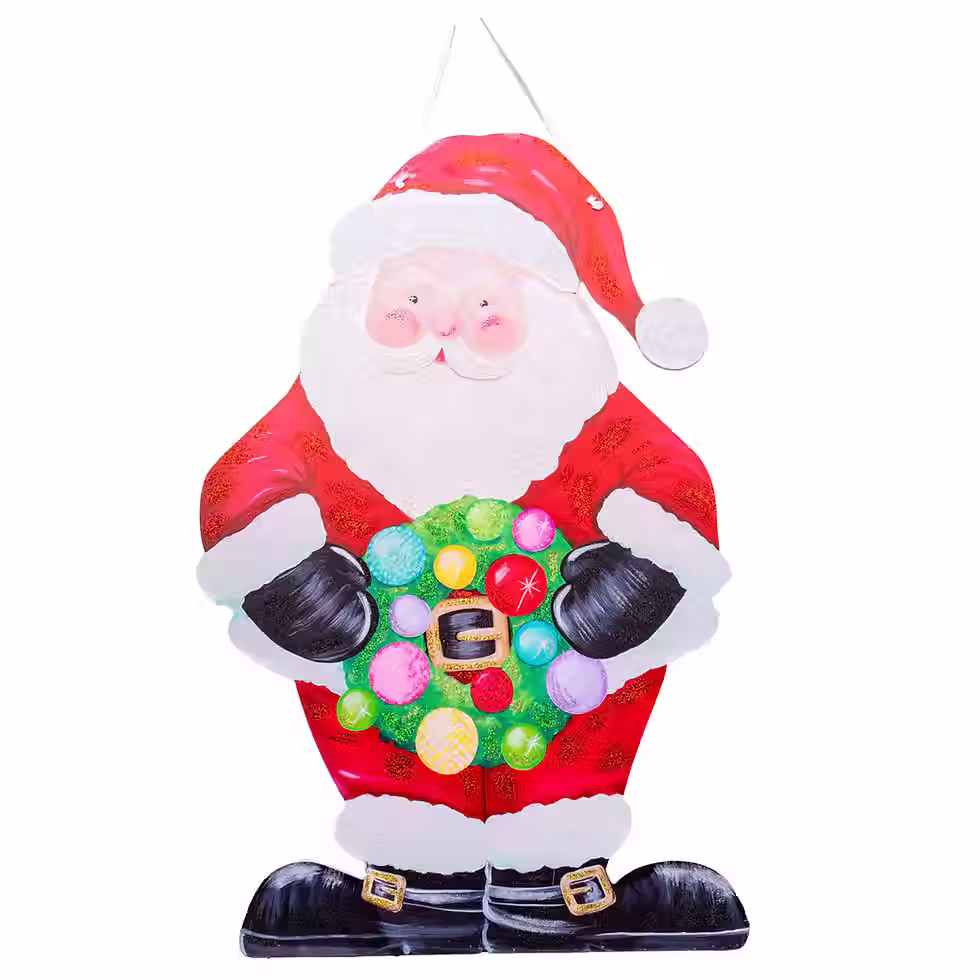14" x 22" Round Top Collection PVC door hanger, Santa Claus holding a wreath