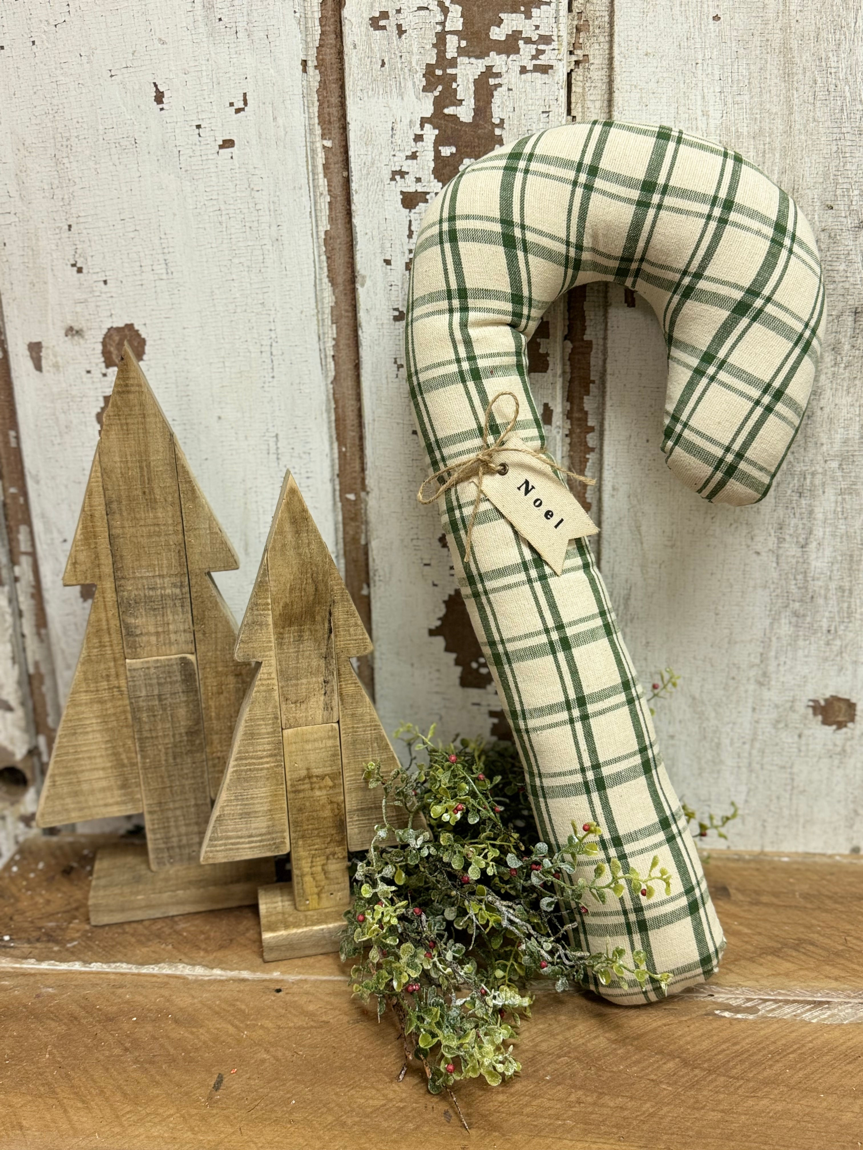 19.5" H x 9" W x 2.5" D stuffed fabric candy cane, cream & green plaid, canvas tag that says NOEL