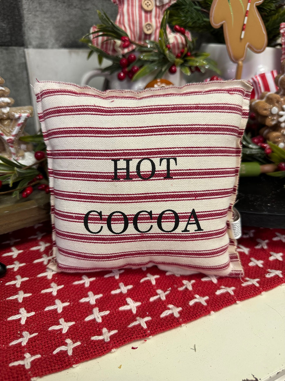 5" x 5" red & white ticking stripe mini pillow, printed with "hot cocoa" in black