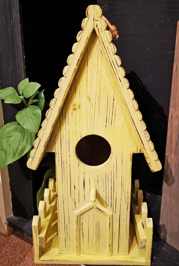 7" X 6.3" X 14.5" wood bird house, tall narrow house with fluted roof & picket fence, painted distressed yellow