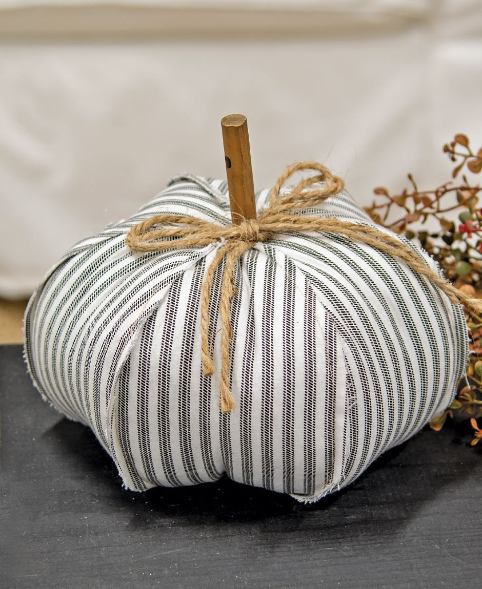 6.5β x 8β stuffed fabric pumpkin, black & white ticking stripe fabric, stick stem, jute bow, raw seams
