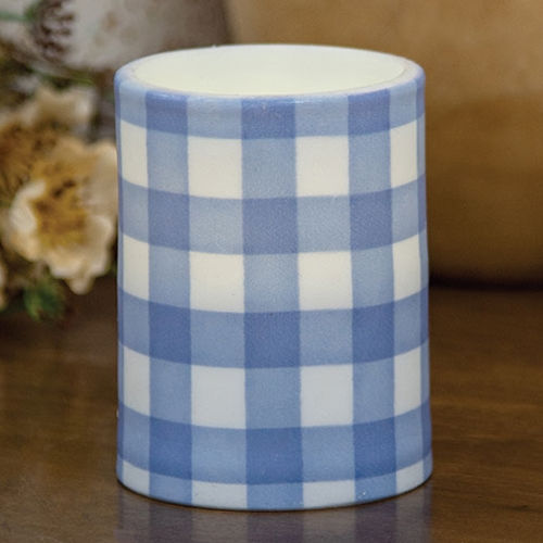 3" x 4" pillar candle, blue & white gingham pattern, 6 hours on/18 hours off timer, 3-AAA batteries (not included)