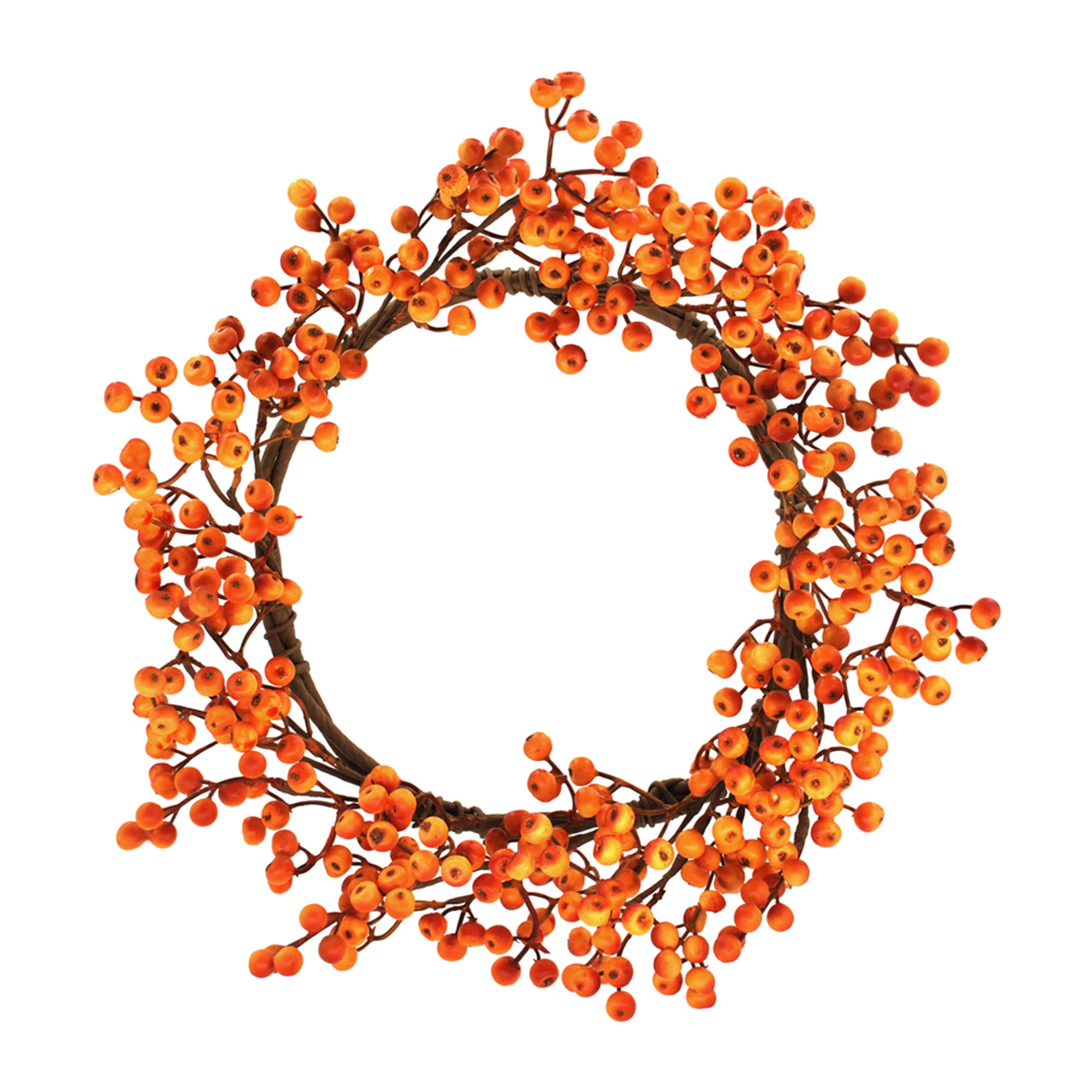 18" wire base wreath, branches of .5" berries in mustard with orange highlights