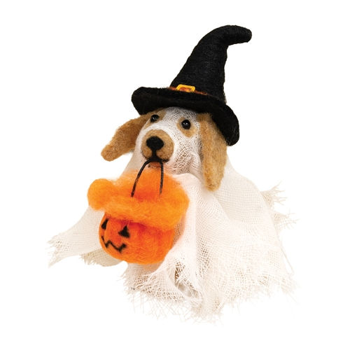 5.5” x 3” x 4” felt dog dressed up in a ghost outfit with a witch hat on, holding a pumpkin bucket in his mouth, Halloween
