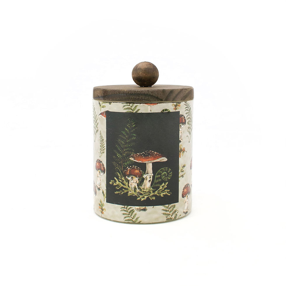 Thumbnail: 3.5” x 5” glass jar with a mushroom printed design, wood lid