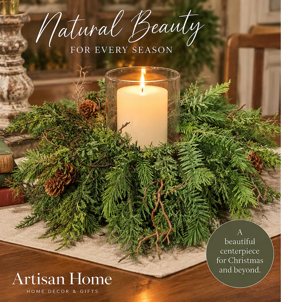18 inch cypress candle ring with glowing pillar candle in glass hurricane styled in a cozy woodland Christmas setting