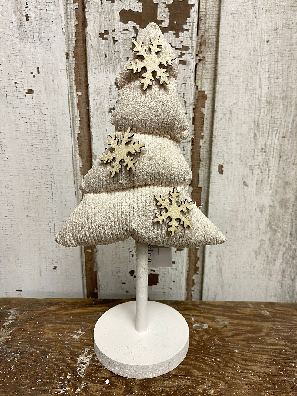 12" x 6.5" stuffed fabric cream corduroy tree with 3 wooden snowflakes, standing on a wood dowel secured in a wooden 4" base