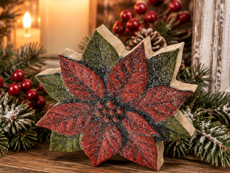 Red & Green Poinsettia Cutout Block, 6"X5.5"x1", wood, glitter, dimensional, stand alone