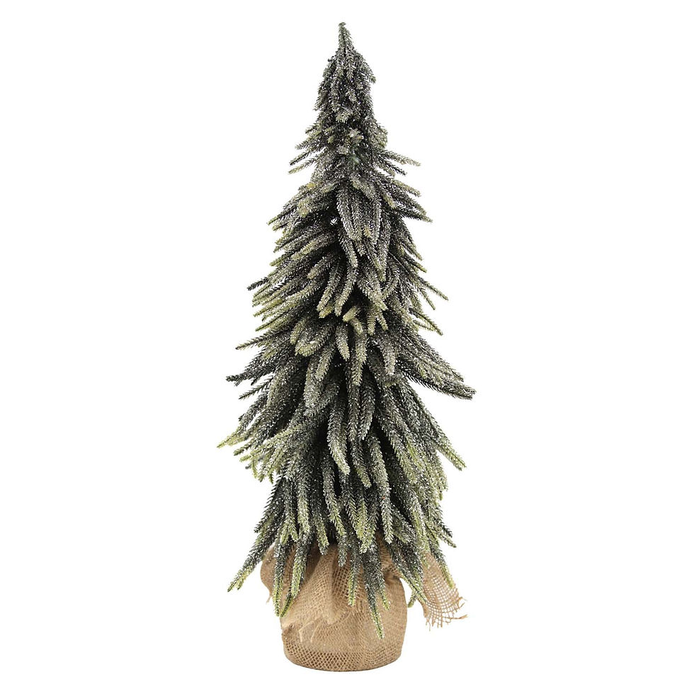 25" tall spruce tree with a dusting of gold sparkle, tree has a burlap wrapped bottom