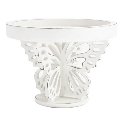 7"H x 9.25"W wood riser painted white w/ distressing, base is 2 butterflies back to back, white w/ cutout wings