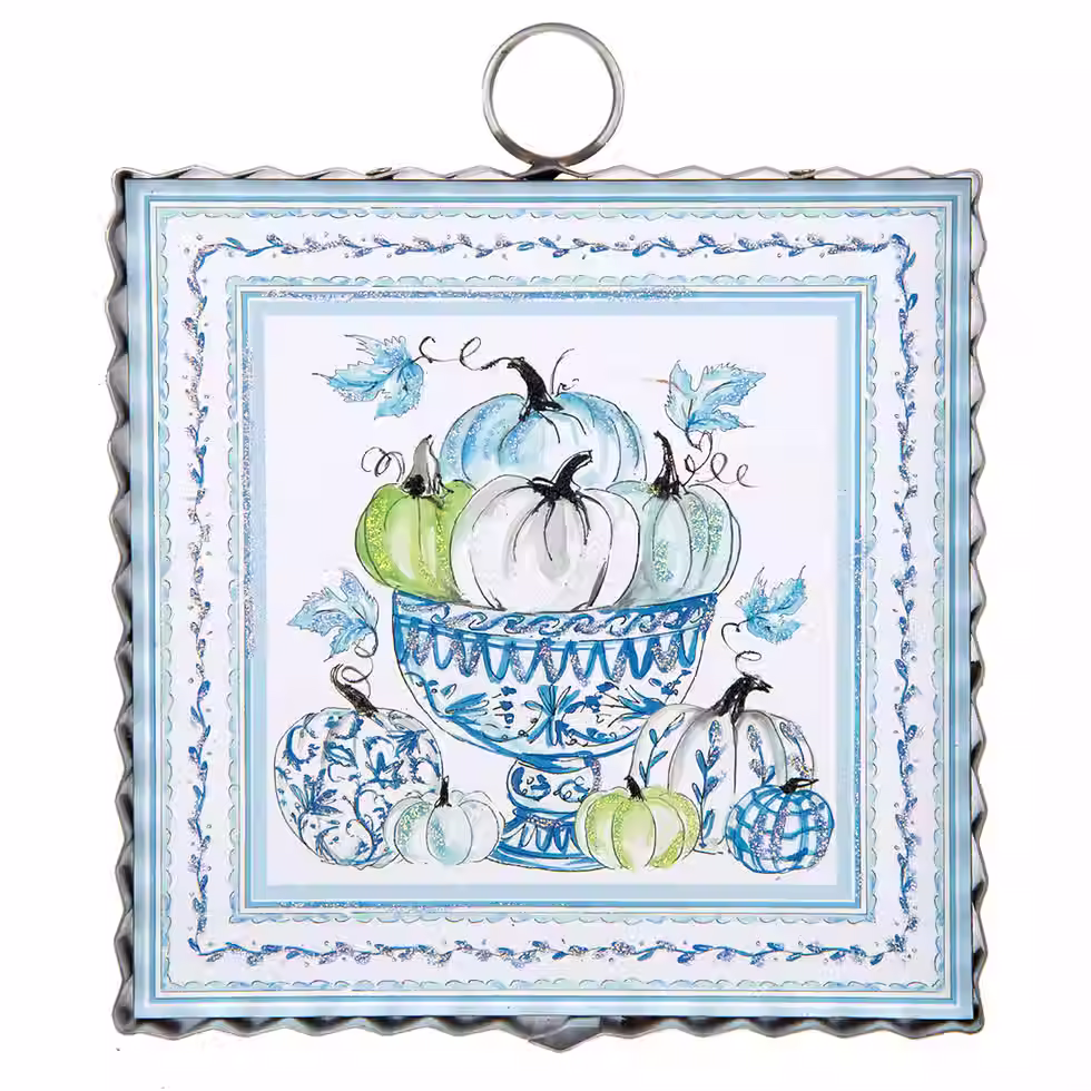 6" x 1" x 7" Round Top Collection print of blue bowl of white pumpkins, corrugated metal frame, ring on top for hanging