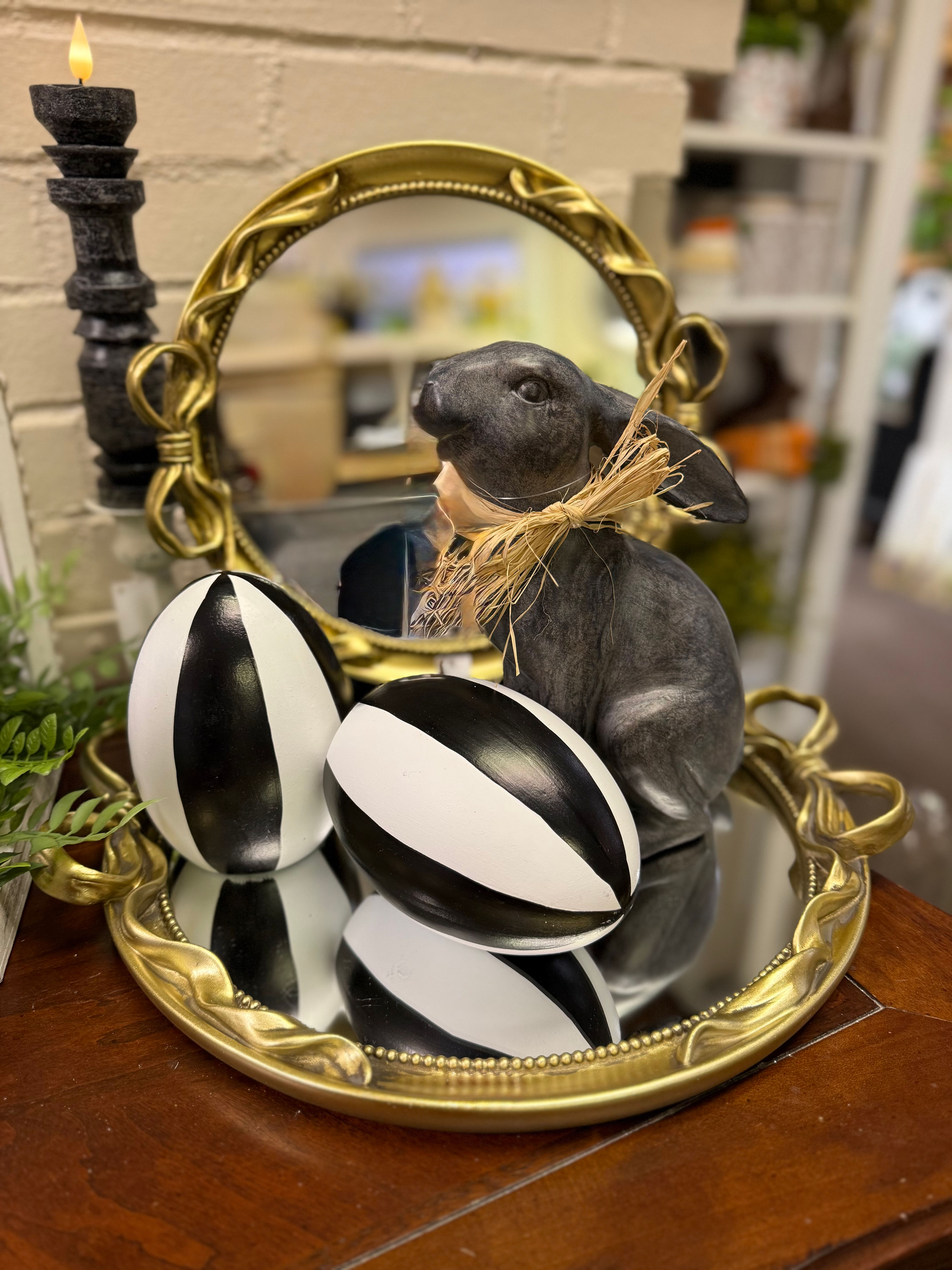 16" round mirrored tray with gold frame and gold bow handles