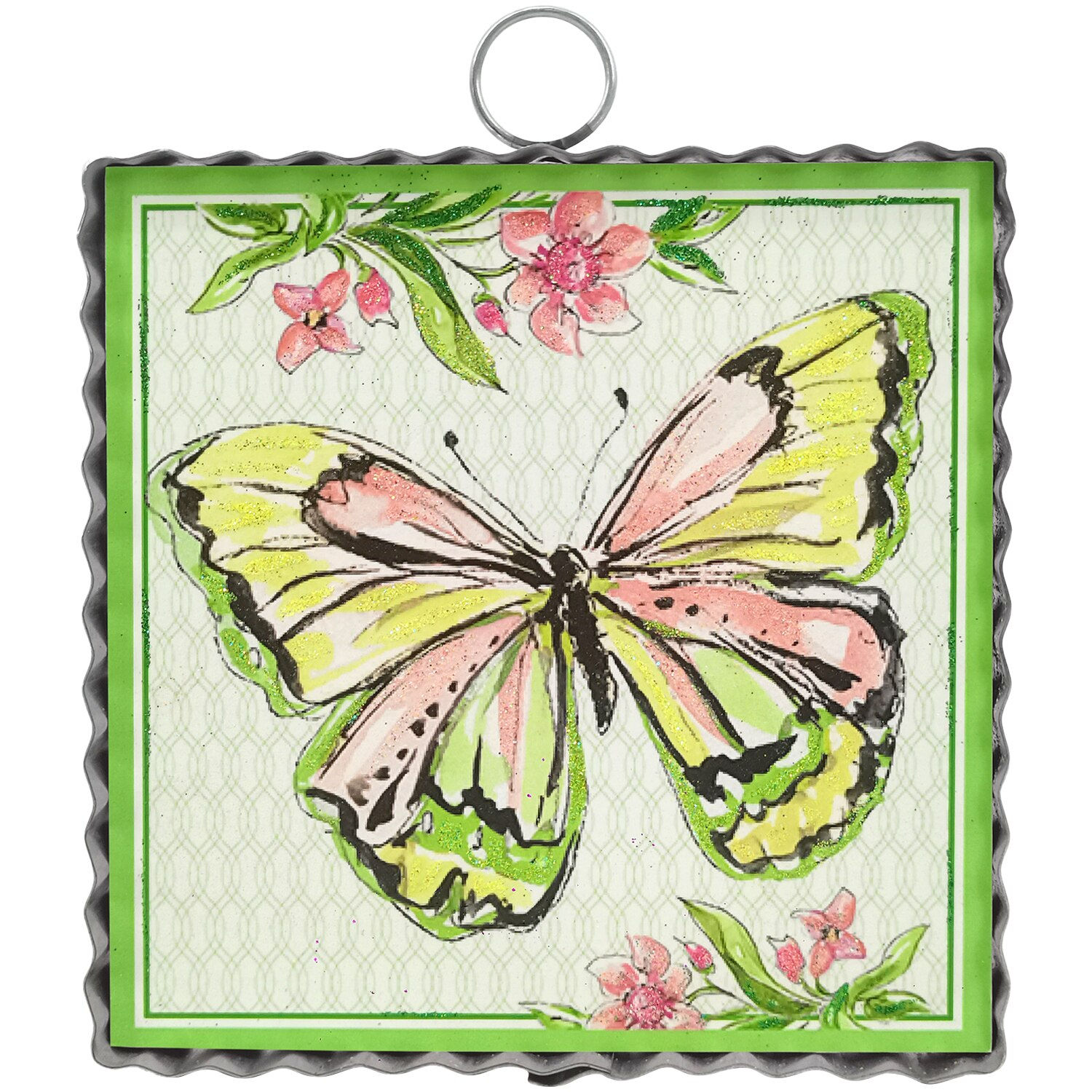 6" x 1" x 7" Round Top Collection print of a yellow & pink butterfly, corrugated metal frame, use alone or w/ Round Top base
