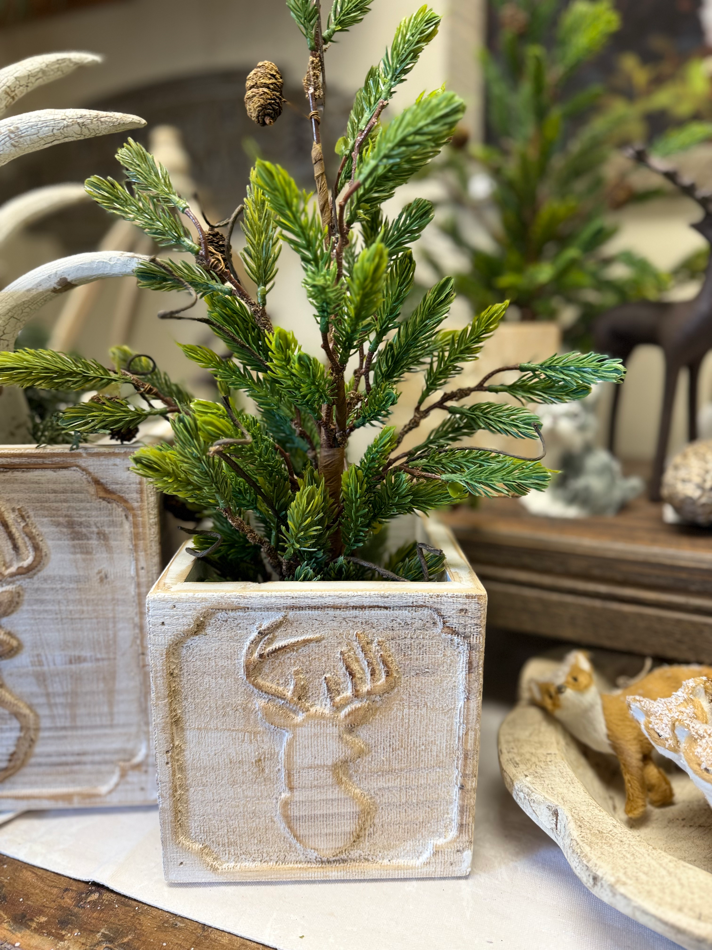 6" x 6" square wooden box with a raised deer head with antlers on front, use as a planter box