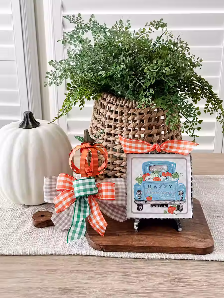 6" x 1" x 7" Round Top Collection print of a blue truck full of pumpkins, corrugate metal frame, ring on top for hanging