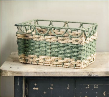 12"L X 8.25"W X 7"H rattan green and natural basket, rectangular, open half scallop design at top