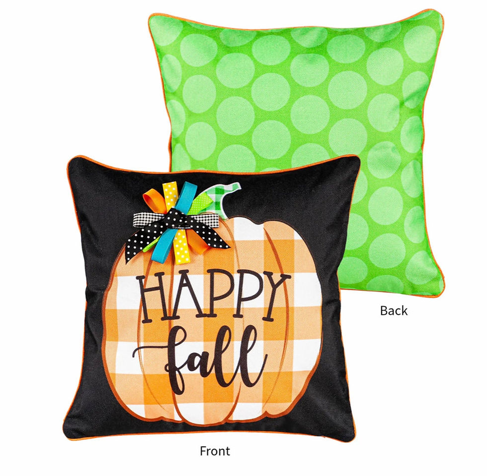 Black pillow cover with a orange and white checked pumpkin that says happy fall printed on the front