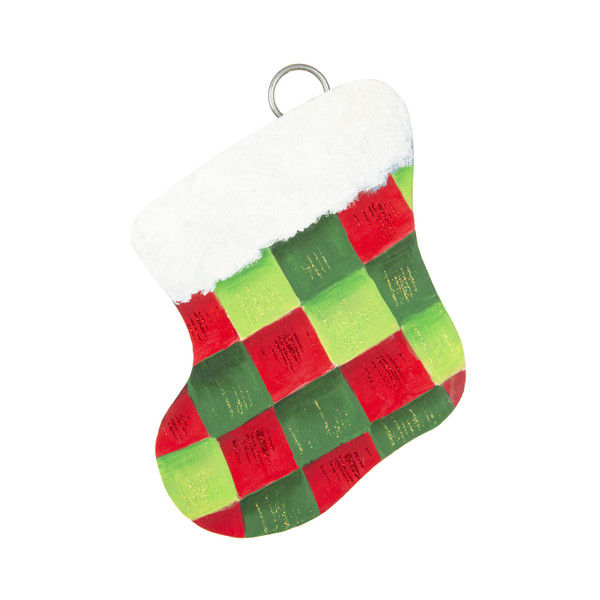 Round Top Collection metal charm shaped like a stocking painted red & green checked, 5” x 1” x 7”