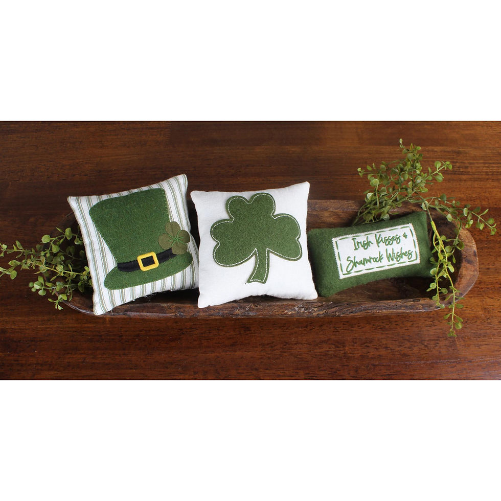 5.5”x5.5” mini pillow green ticking stripe cotton with green felt leprechaun hat.