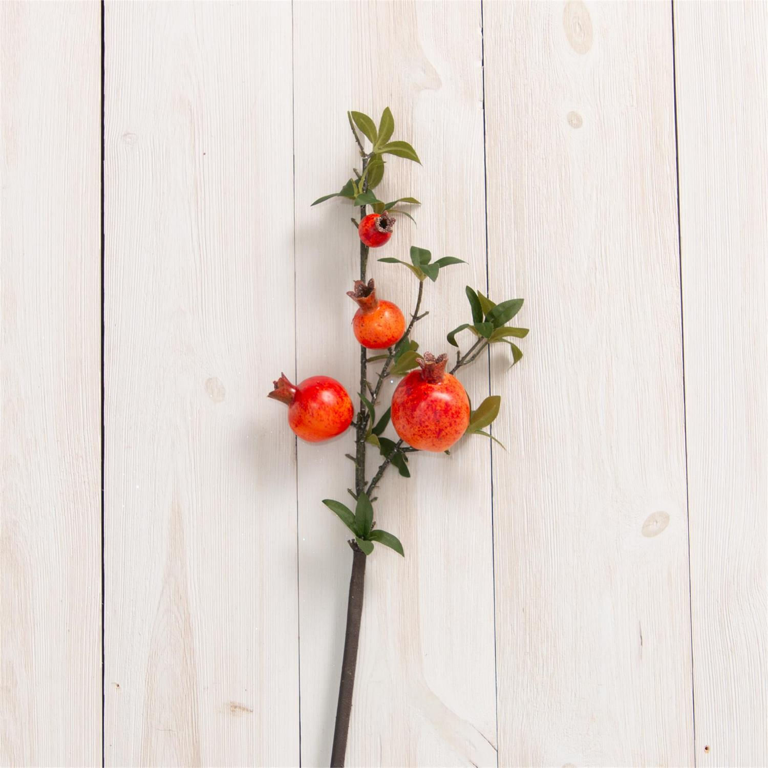 29" stem of 4 vibrant orange pomegranate fruits in various sizes and green leaves