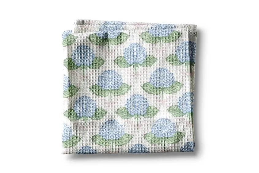 16”x 24” waffle weave kitchen towel, highly absorbent, 80% polyester & 20% polyamide, all over print of blue hydrangea