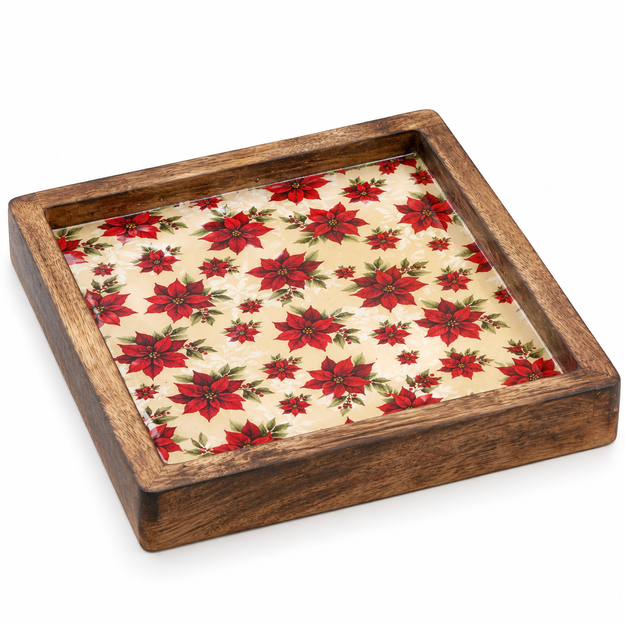 8-inch square wood Christmas tray with red poinsettia enameled insert.