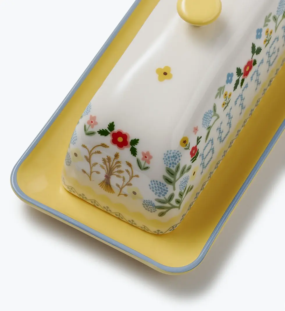 Thumbnail: 7.8" W × 4" L × 4.25" H Rifle Paper Co porcelain butter dish, Home Sweet Home illustrations in full color