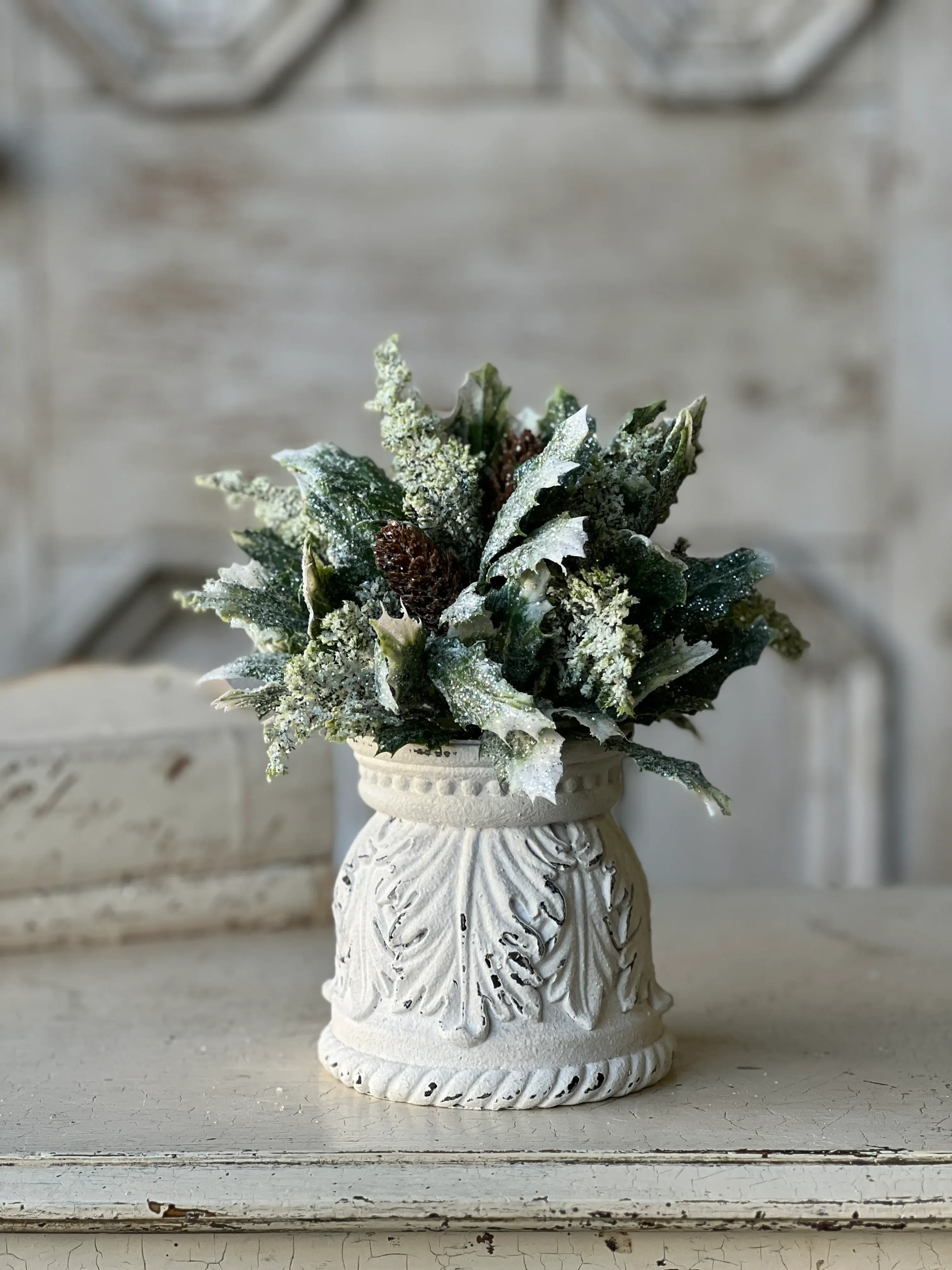 4.5" x 4.85" resin candle holder, white distressed finish, raised acanthus design, use for pillar candles or half spheres