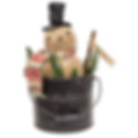 9” x 4.5” black metal bucket with a canvas snowman tucked inside, snowman wears a scarf & top hat, pine filler, "brrr" tag