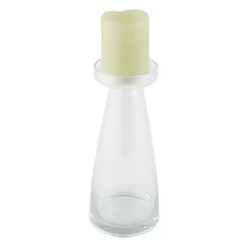 14” tall hand blown glass candle holder, hollow for displaying small objects inside, comes w/ candle w/ 4 or 8 hr timer