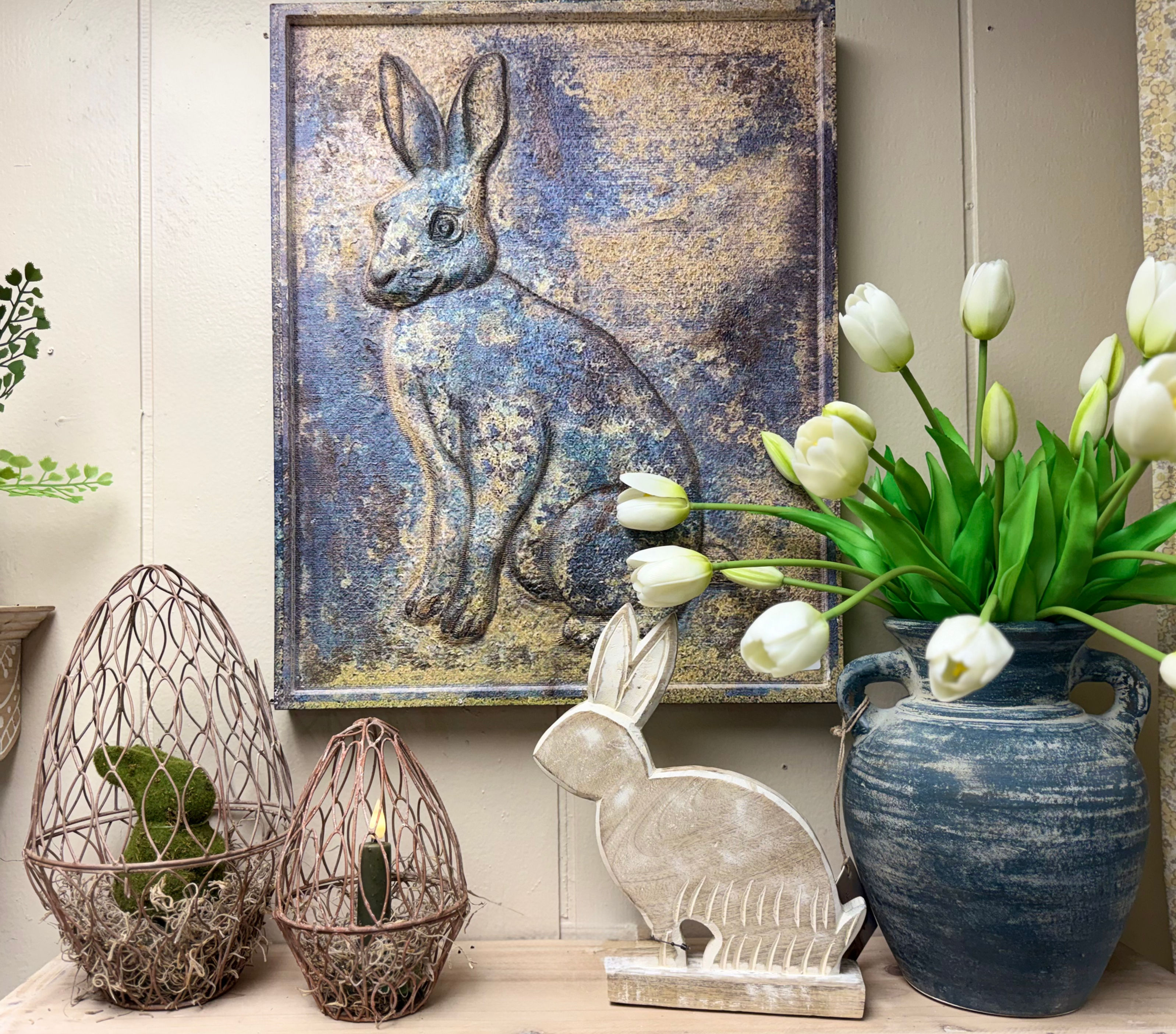 10" x 8" wood bunny silhouette cutout on wood base, freestanding, tabletop sitter, plain & rustic