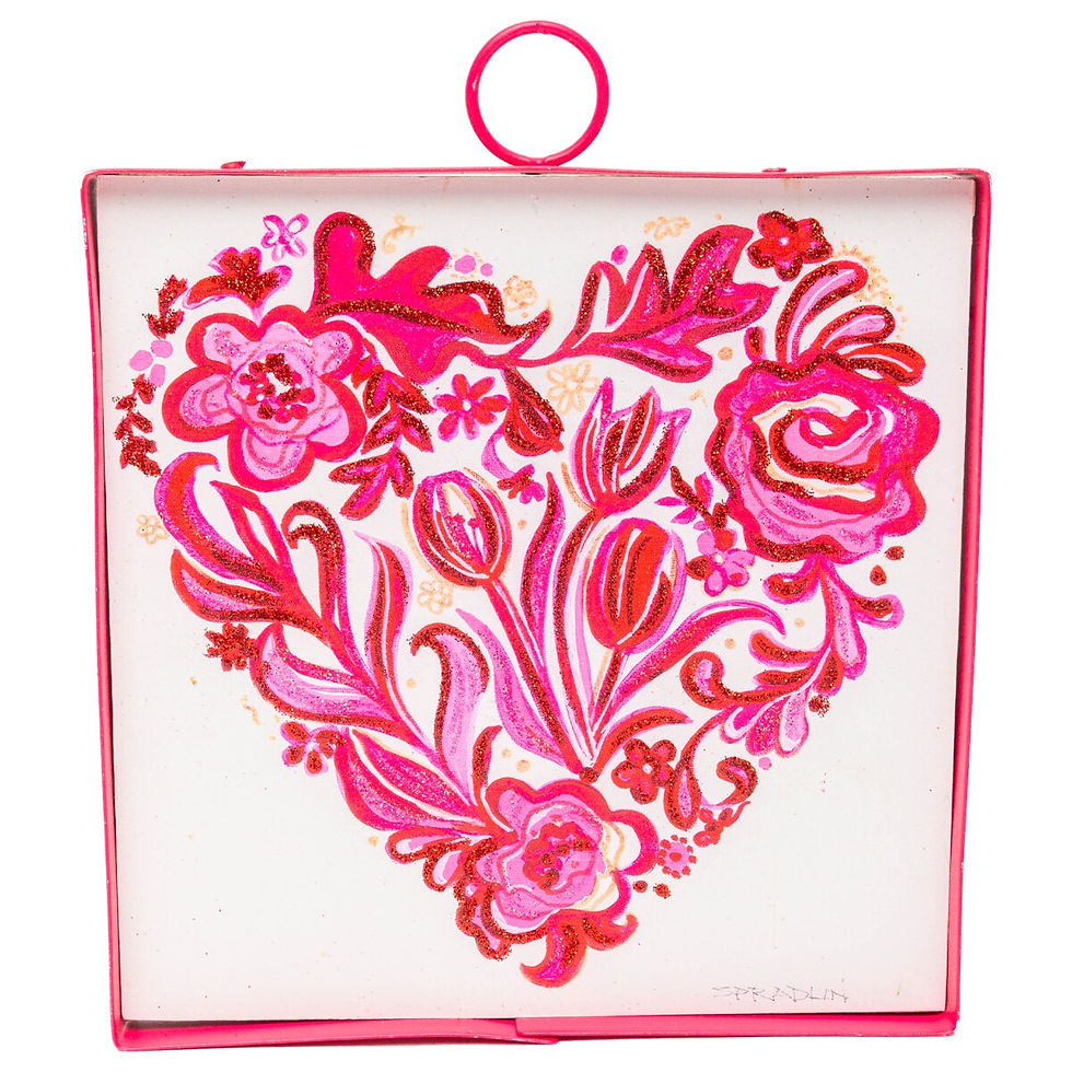 6" x 7" x 1" metal square Round Top Collection hanger, pink metal frame, pink chinoiserie heart, Valentine decor