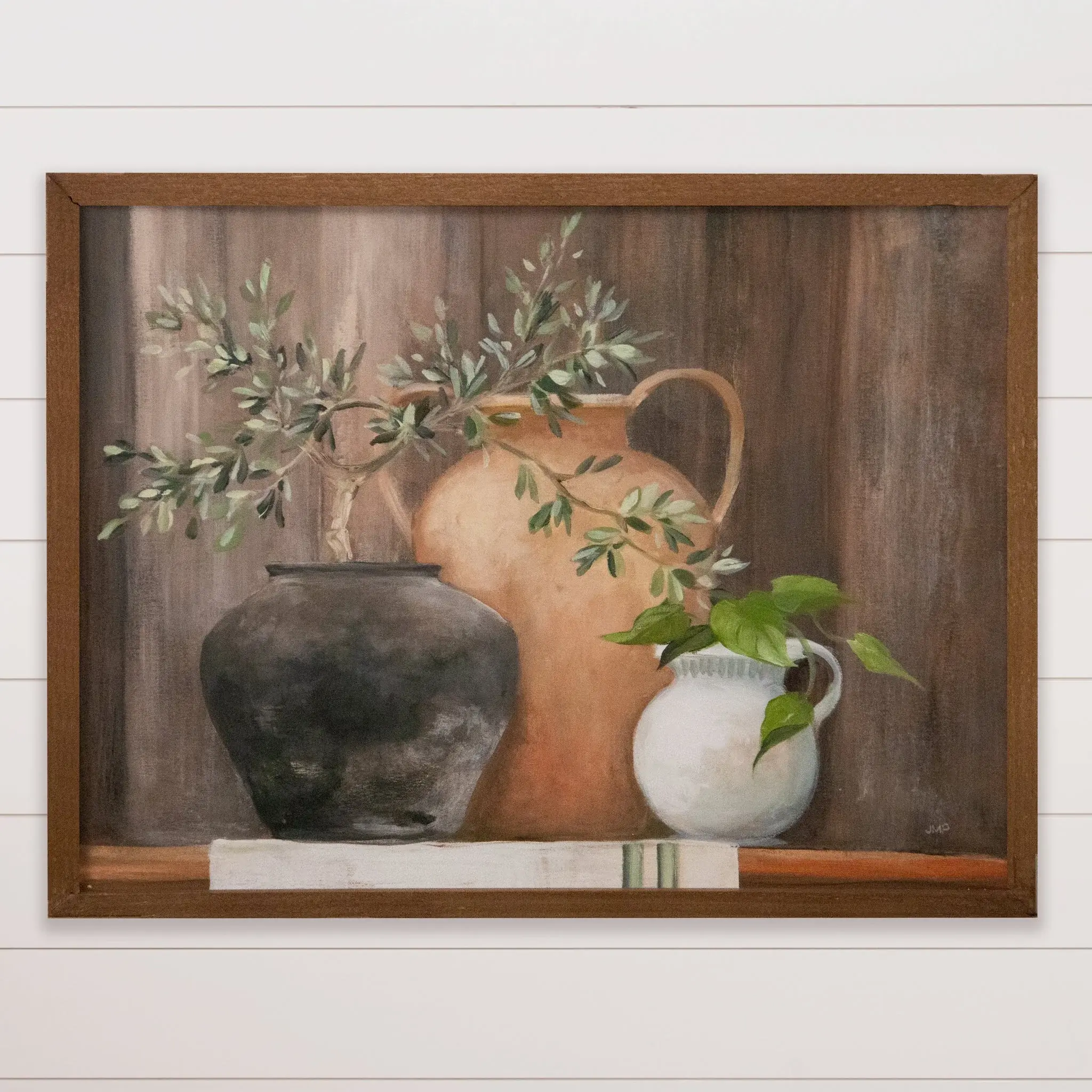 18" H x 24" W Print of 3 terracotta jugs with greenery in them in a wood frame