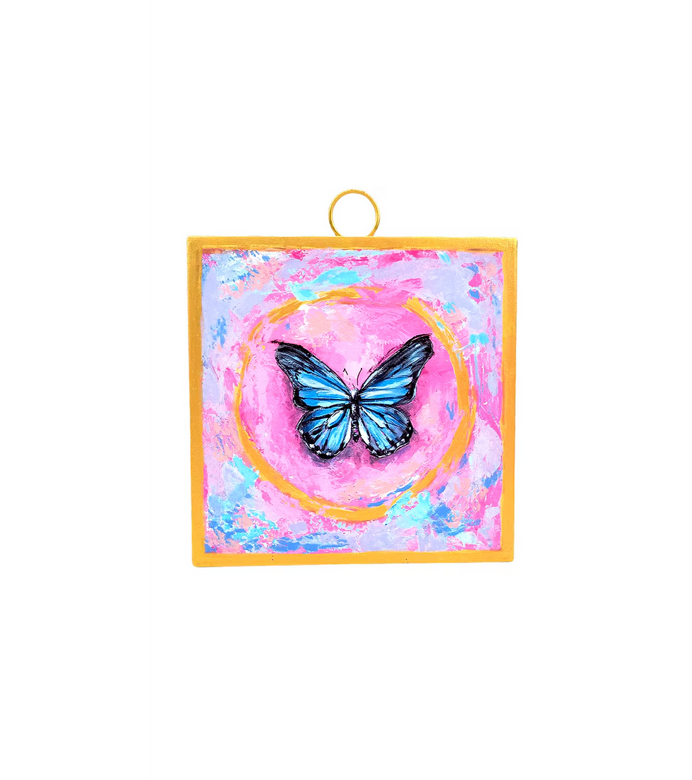 6" x 7" x 1" Round Top Collection square metal sign printed with blue butterfly on gold background