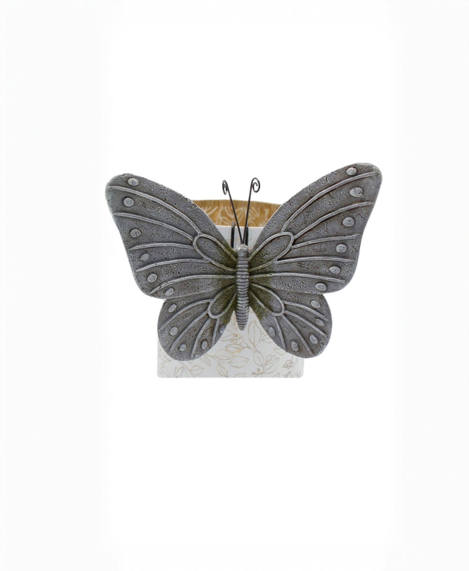 6.5" x 5.5" resin butterfly pot hanger, gray with faux moss accents, metal hook on back for hanging on pots