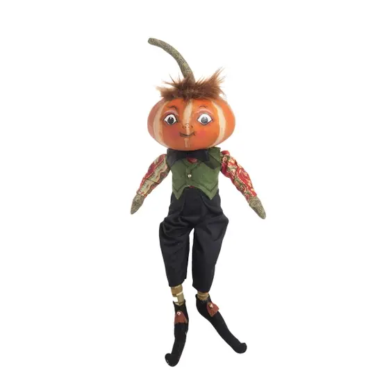 5.5" x 16" stuffed pumpkin head handcrafted art doll from Joe Spencer's Gathered Traditions collection, fall/Halloween decor