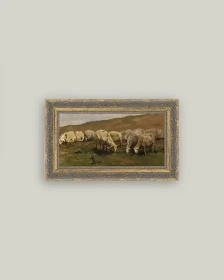 12" x 7" framed art, print of sheep grazing on canvas, ornate frame, sawtooth hanger