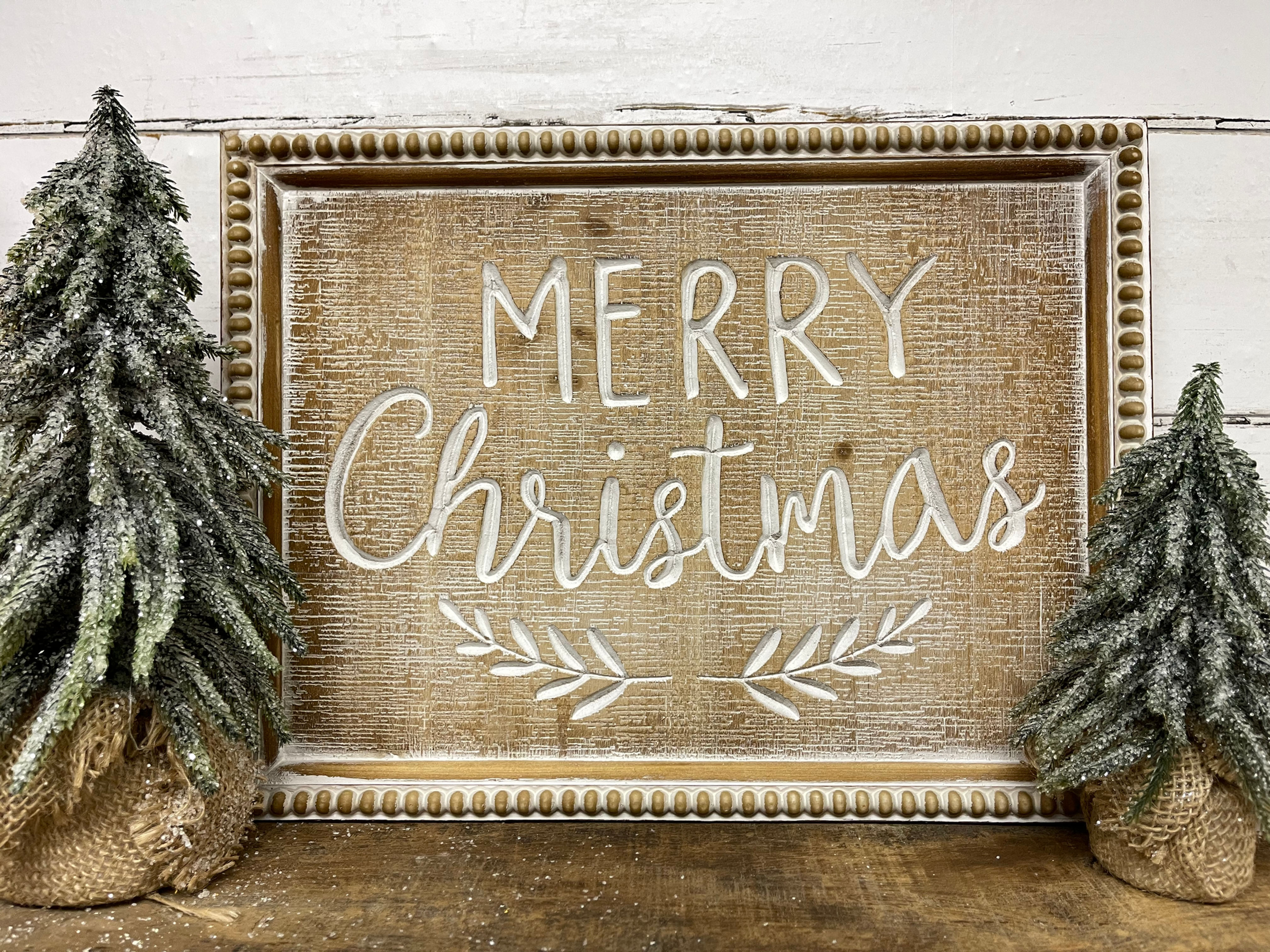 15.75 X 11.8 X 0.7" Wood sign with wood bead edges and carved Merry Christmas